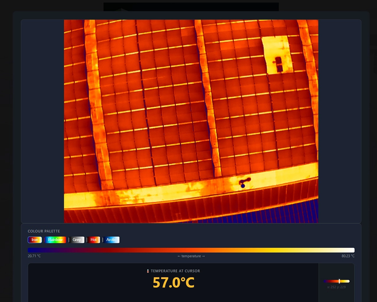 Optional close-up of the in-browser thermal viewer: cursor on a panel showing the exact temperature, with the palette bar. Reinforces the inspection point.