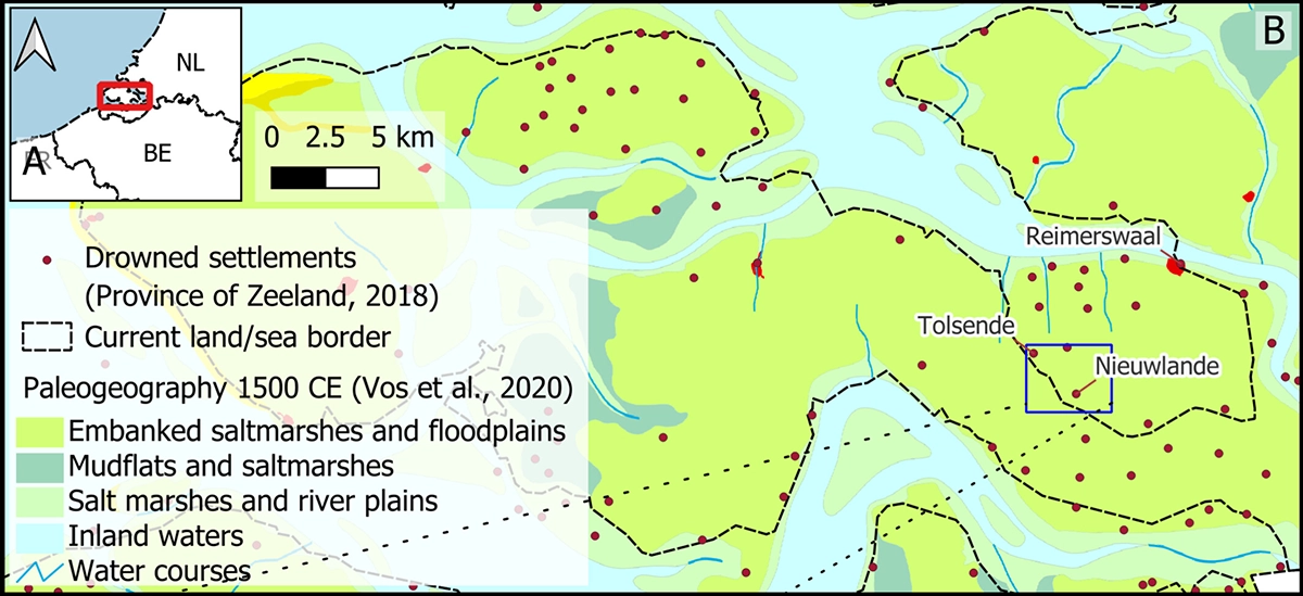 Map locating Tolsende in Zeeland and showing the archaeological survey areas on the intertidal mudflat