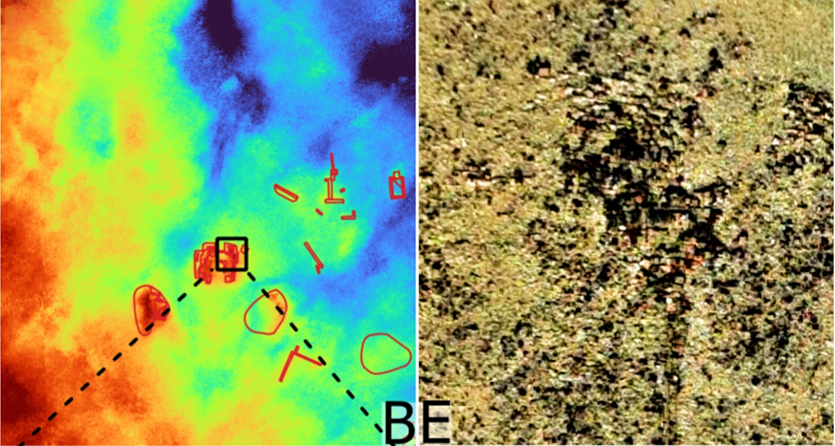 UAV elevation model and enhanced orthophoto showing exposed brick remains at Tolsende