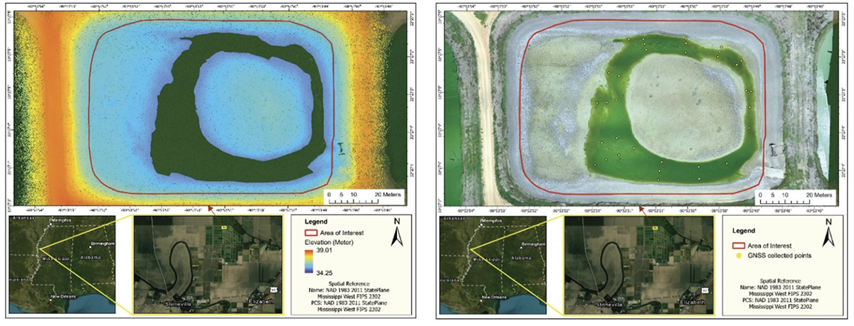 Drained Pond D1 shown as a UAS LiDAR elevation model and an orthomosaic with GNSS ground points in remaining wet areas