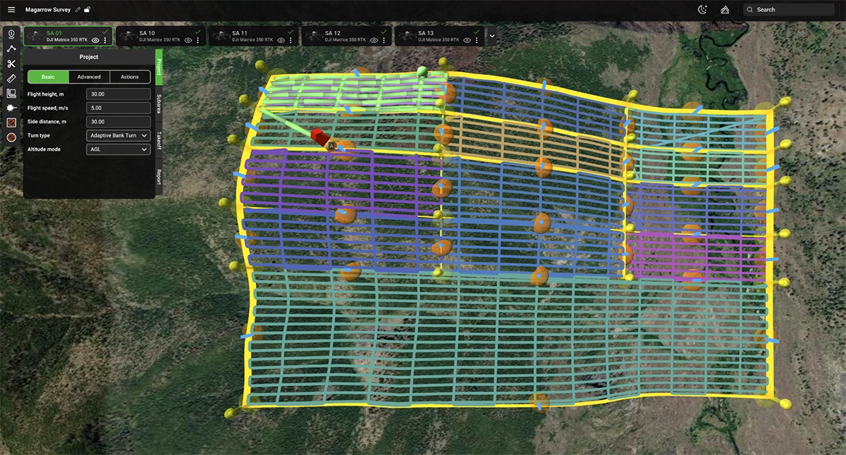 Large Project in UgCS 6.2 with a multi-flight survey area split into color-coded subareas along cut lines aligned to the grid