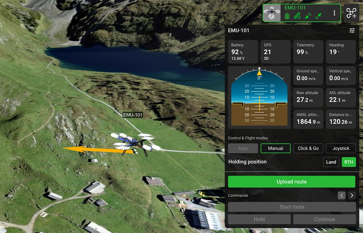 UgCS 6.2 telemetry panel with the Primary Flight Display showing virtual horizon, pitch, roll, altitude and distance to home