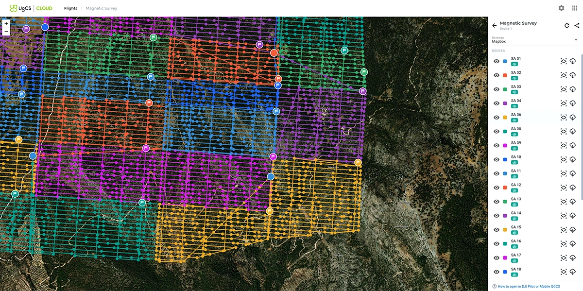 UgCS Cloud web interface showing a synced magnetic survey project with its subarea routes ready to preview, download or share