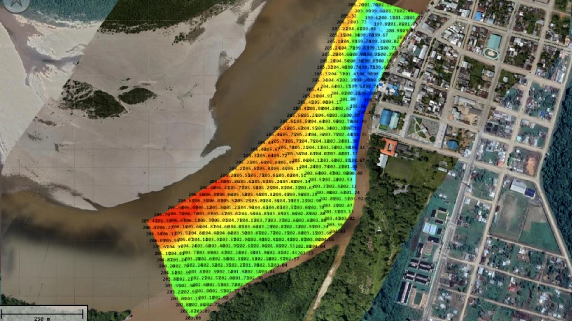 Color-coded riverbed elevation map from a drone echo sounder survey overlaid on satellite imagery of the San Miguel River in Ecuador