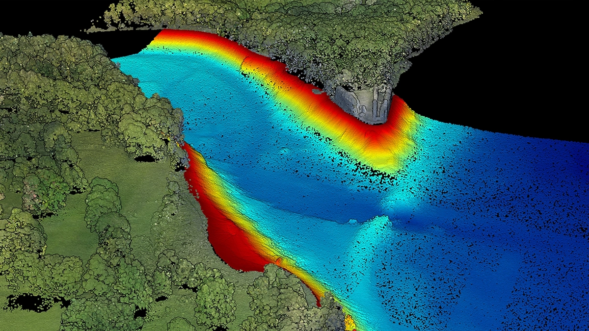 Multibeam bathymetry point cloud of a river confluence colored by depth, with tree-lined banks and a riverside structure