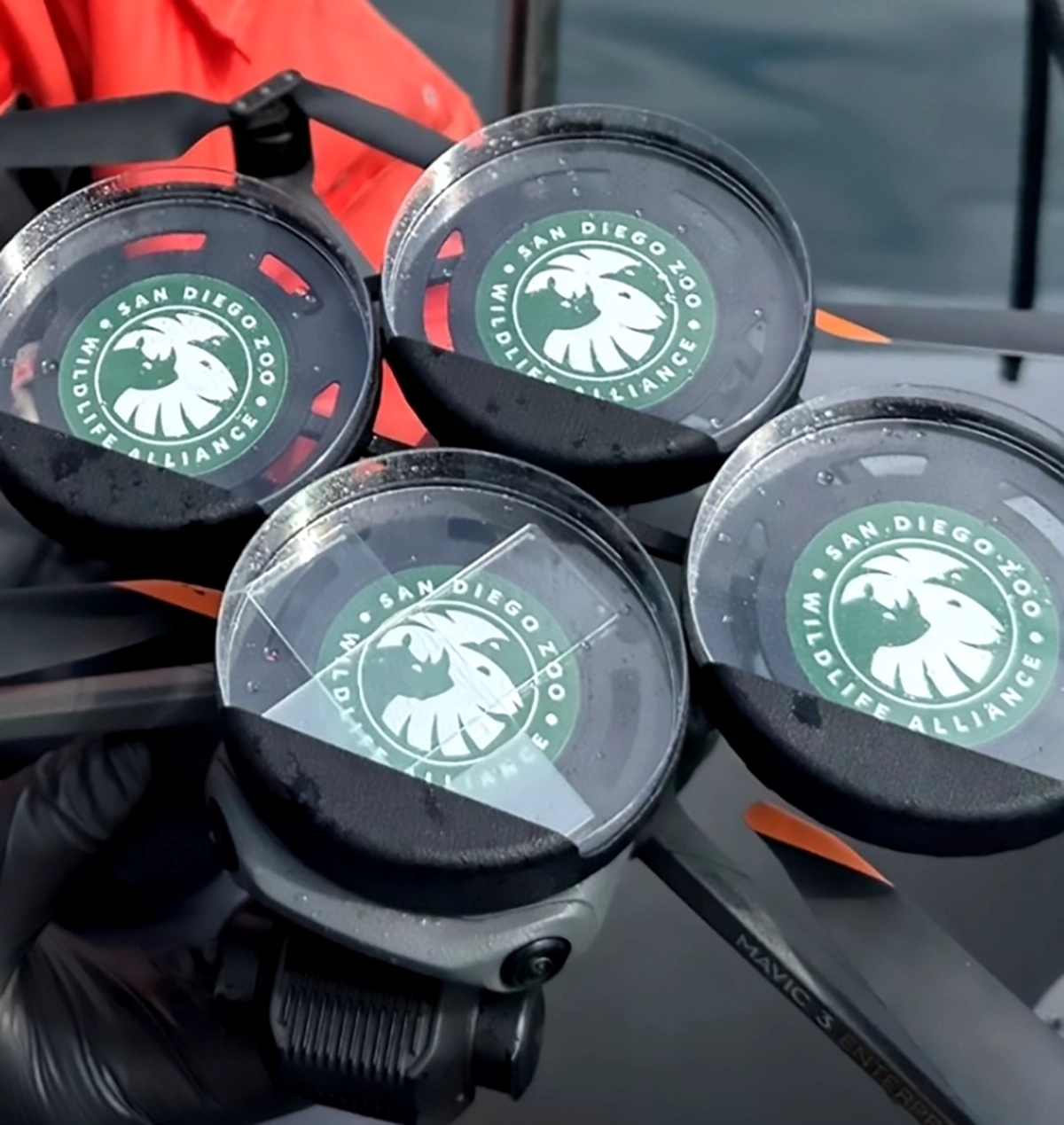 Four drone-mounted petri dishes with San Diego Zoo Wildlife Alliance logos