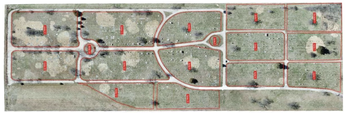Aerial cemetery map divided into outlined sections for ground-truth validation