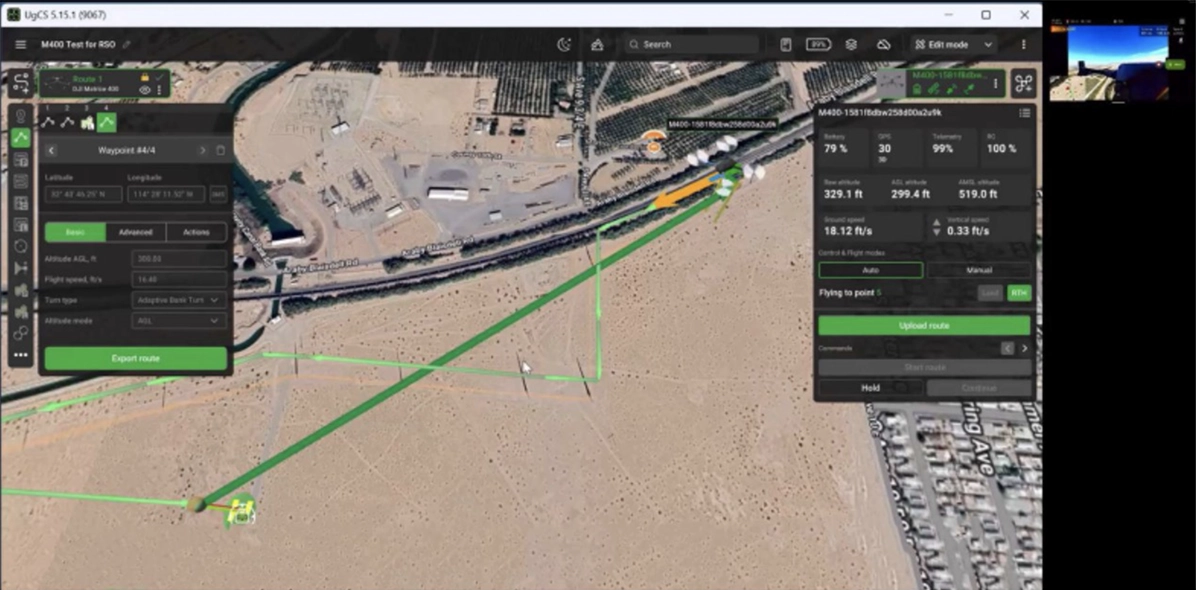 UgCS flight interface with a survey route along a transmission-line corridor in Arizona