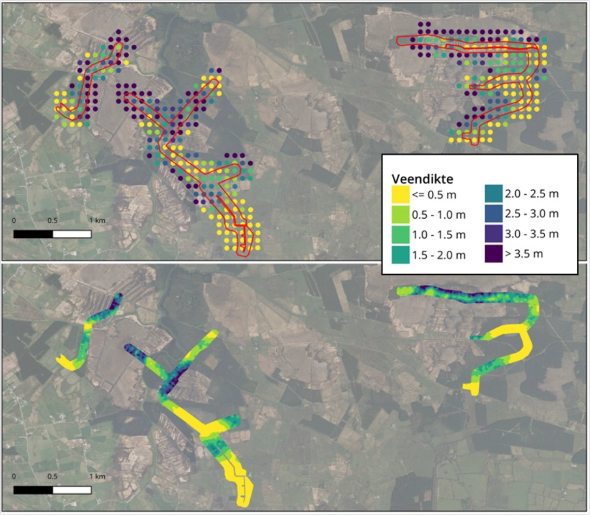Paired maps comparing peat-depth measurements at coring locations with continuous drone-derived thickness estimates