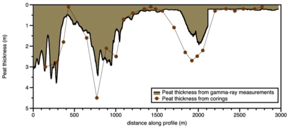 Cross-section comparing gamma-ray peat-thickness estimates with coring depths over a 3 km profile