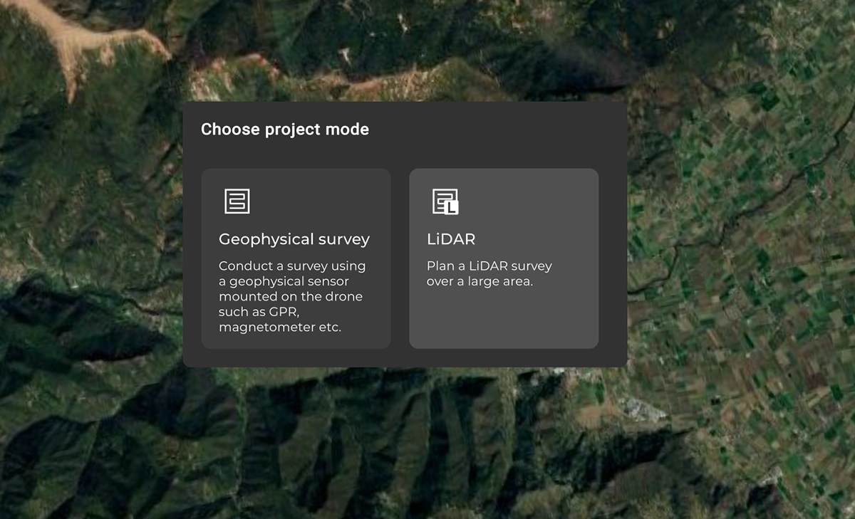 UgCS Choose project mode dialog for a new Large Project, with Geophysical survey and LiDAR options shown over a satellite map