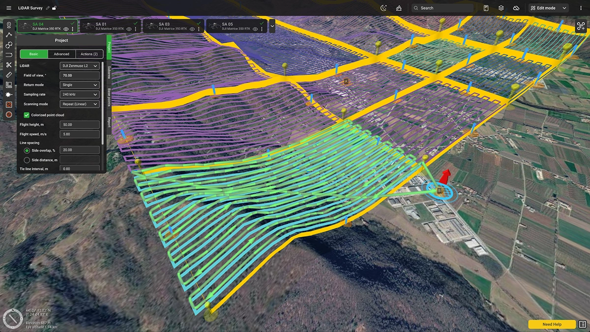 UgCS LiDAR Large Project over hilly terrain, split into subareas assigned to DJI Matrice 350 RTK, with one subarea route highlighted and DJI Zenmuse L2 settings open
