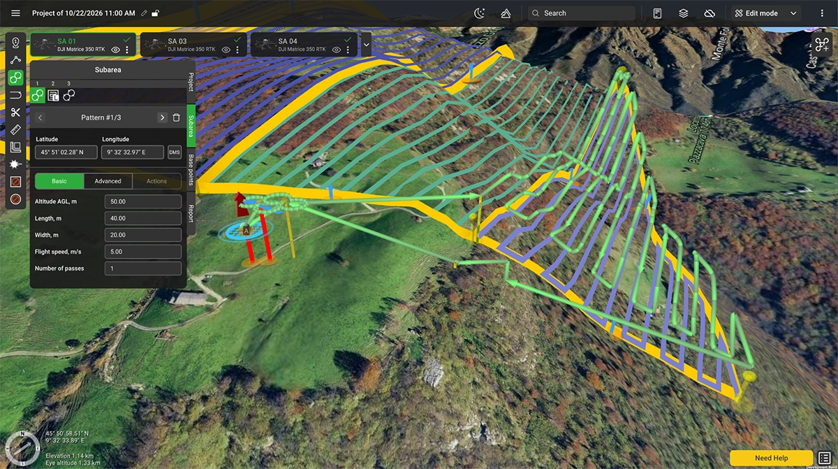 UgCS 3D view of a survey route on a steep forested slope before 6.3, with main lines following terrain and side passes and overshoots on the simpler battery-saving trajectory