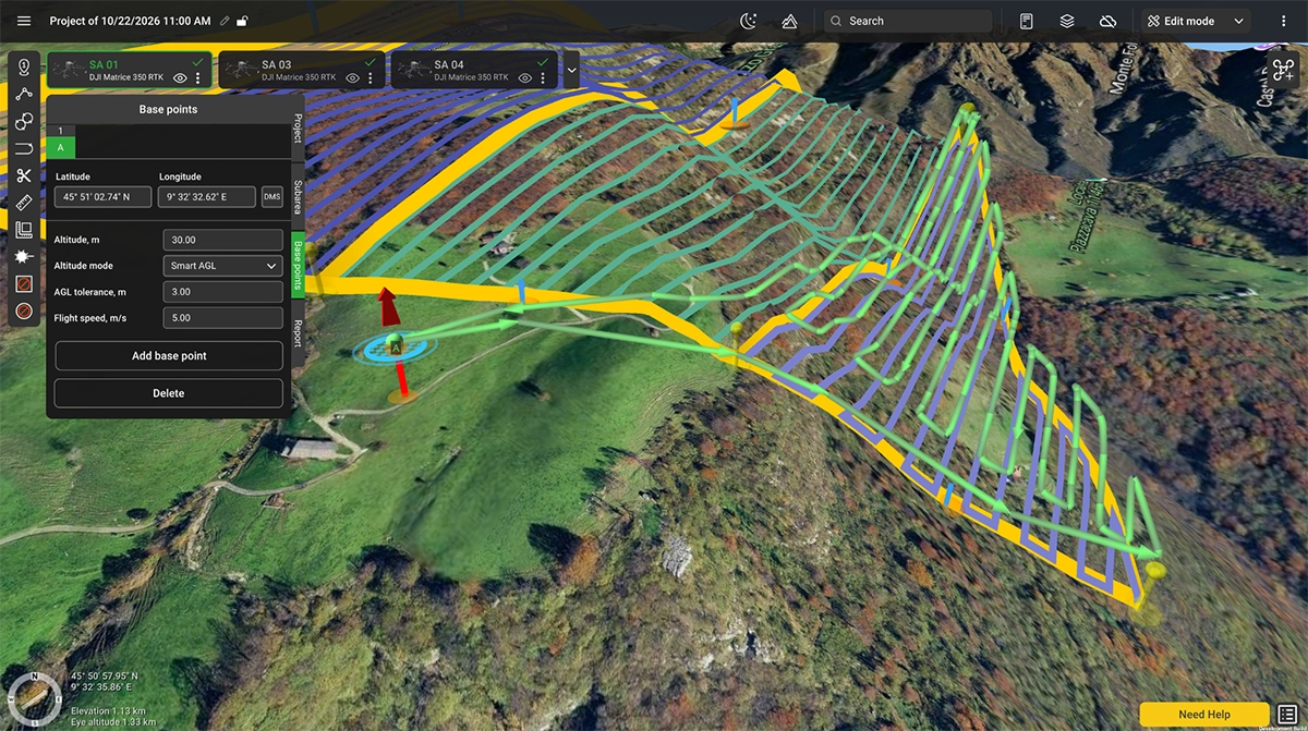 UgCS 3D view of the same slope with Follow terrain on side passes turned on, so side passes and overshoots also follow the terrain