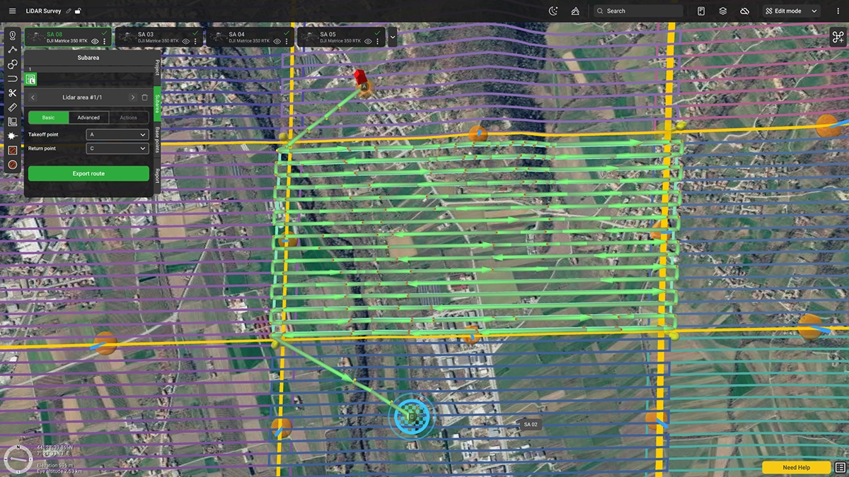 UgCS LiDAR subarea route in top-down map view, with takeoff point A and a separate return point C set in the Subarea panel