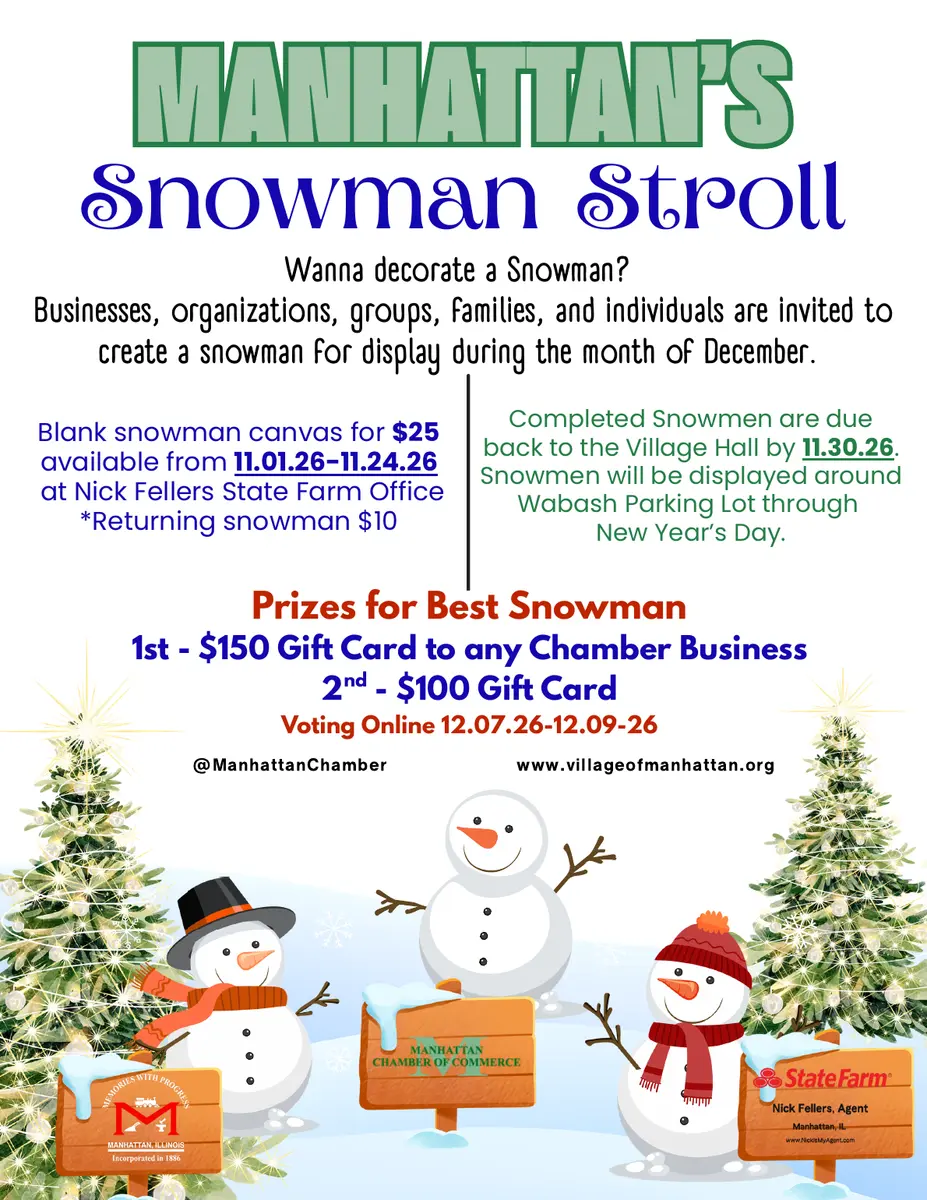 2026 Manhattan Snowman Stroll flyer with registration dates, entry fees, prizes, and voting information