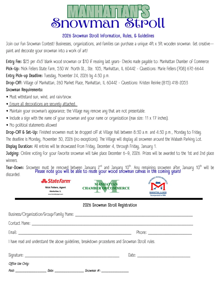 2026 Manhattan Snowman Stroll rules, guidelines, and printable registration form