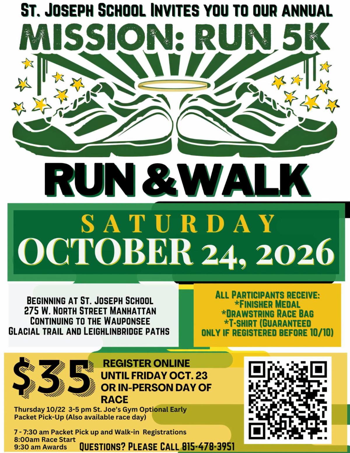 St. Joseph School Mission Run 5K flyer with registration QR code