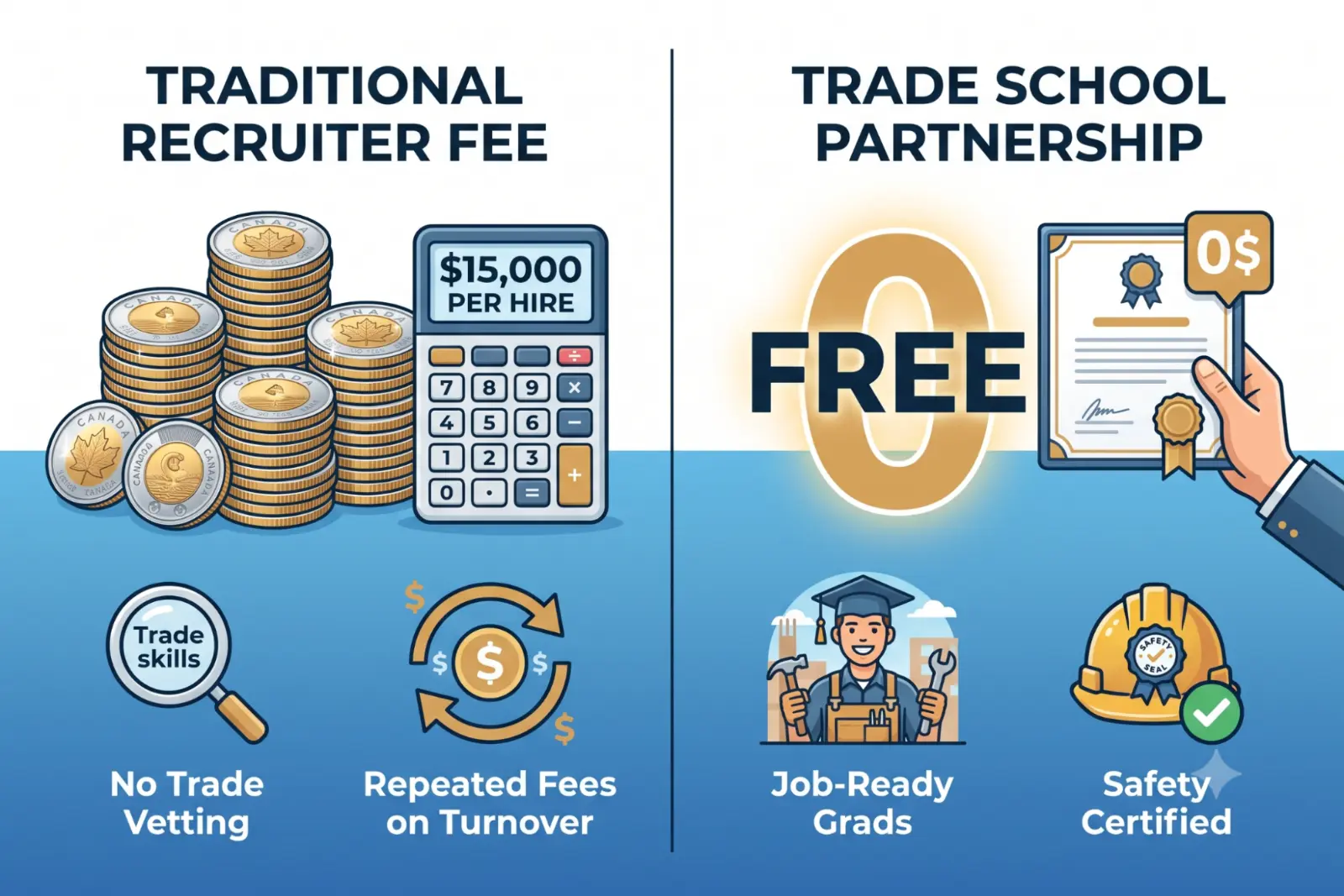 Infographic comparing high recruiter fees with zero cost for trade school partnership hiring.