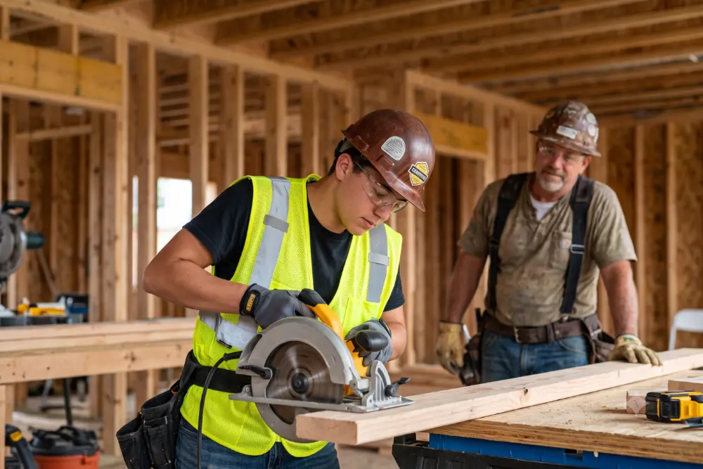 A pre-apprenticeship graduate and journeyperson working effectively on a construction site
