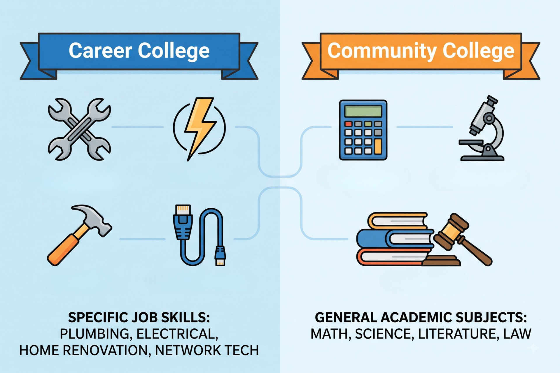 An infographic comparing specific trades training at a career college versus general academic courses at a community college