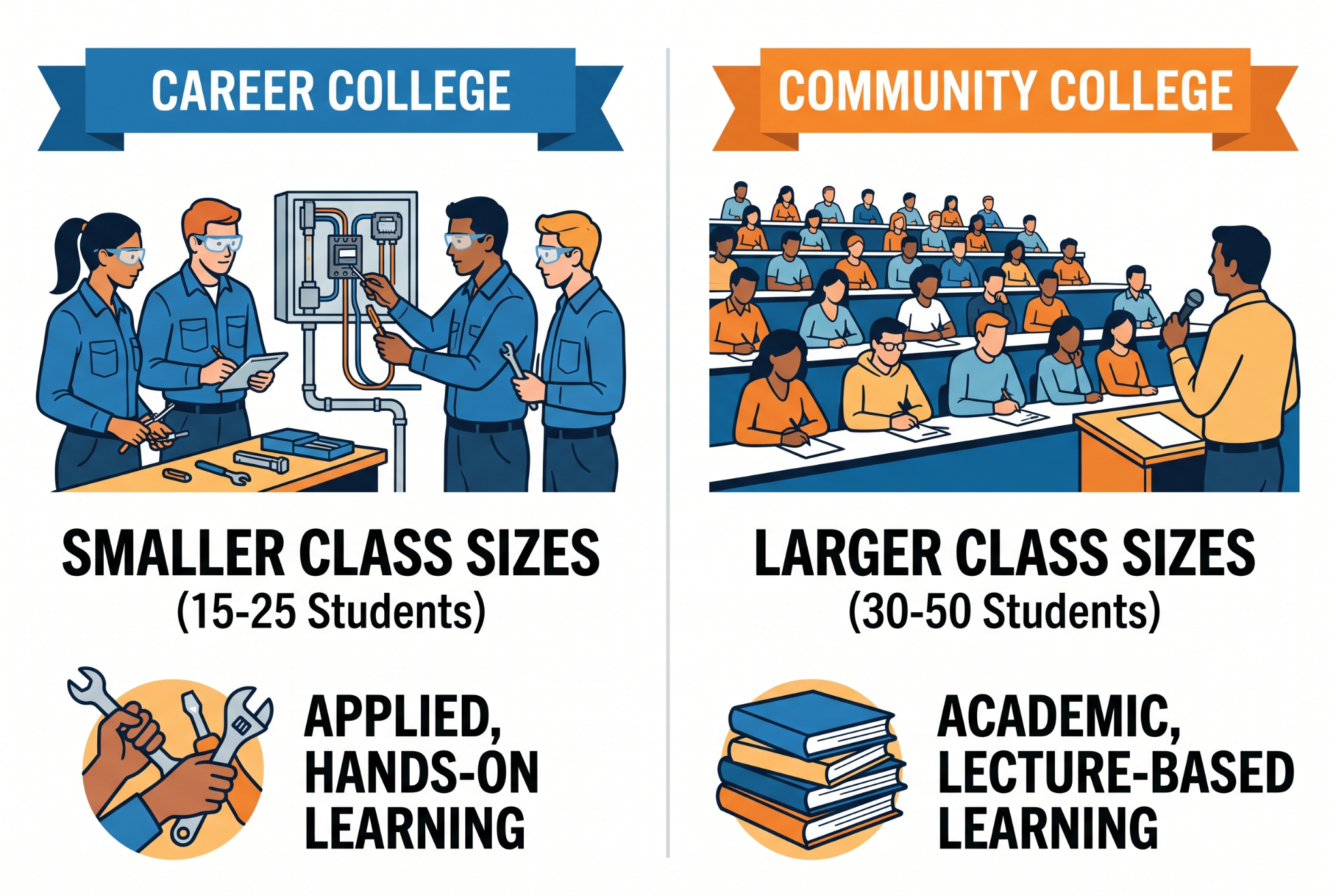 A vertical comparison infographic showing the differences in class sizes and learning environments between career and community colleges