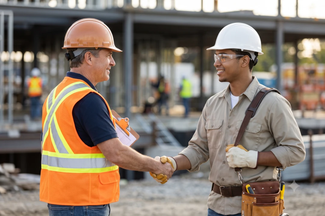 An experienced construction worker and a new hire shake hands on a job site