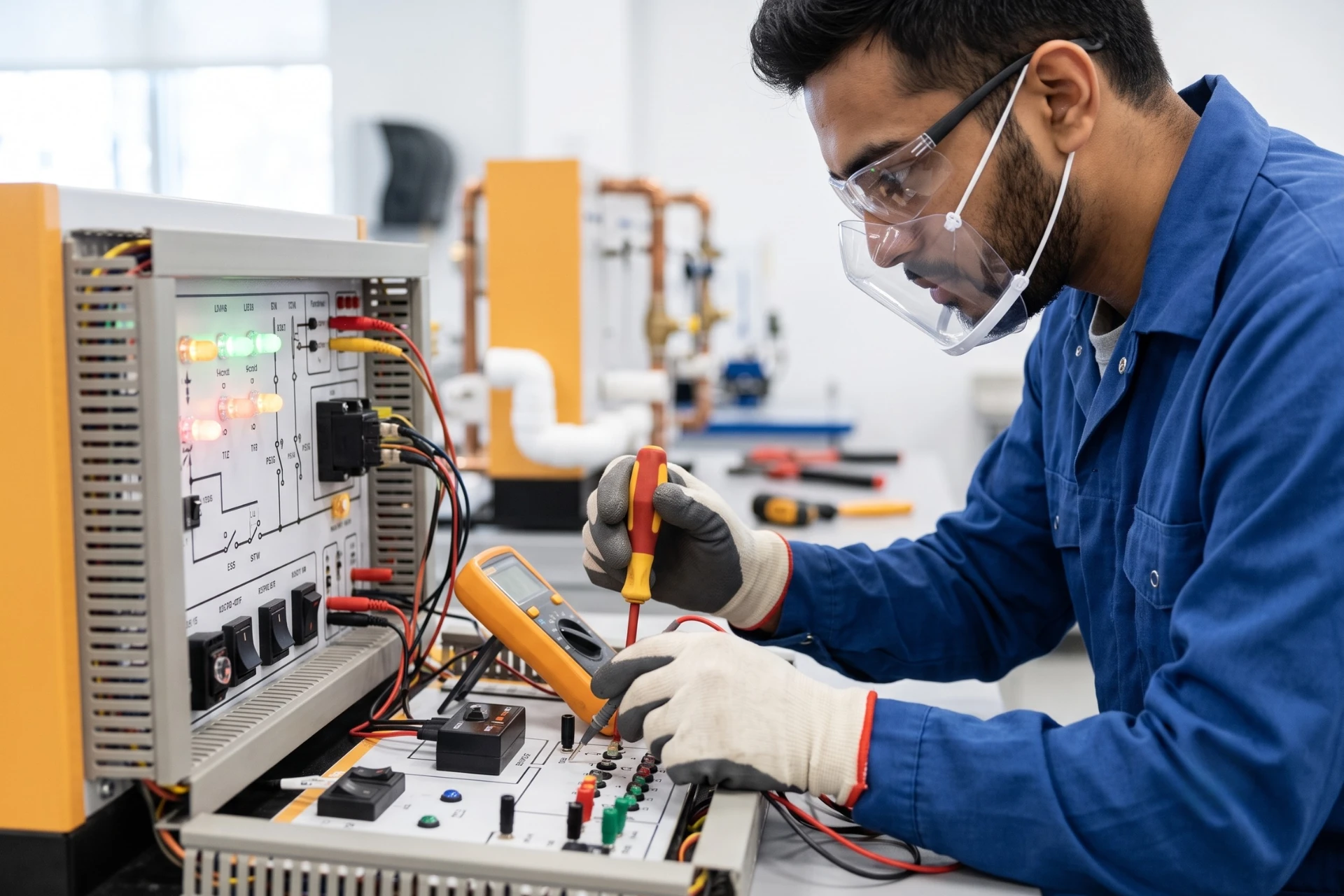 A focused trade school student uses hands-on training simulators for complex electrical circuits and testing