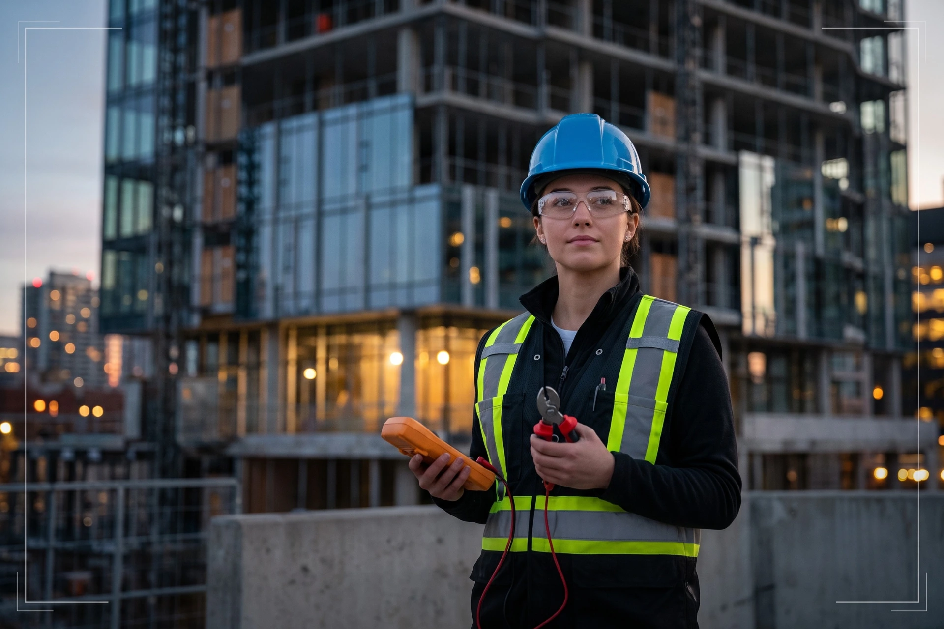 A determined female apprentice in safety gear holding tools on a modern Toronto construction site