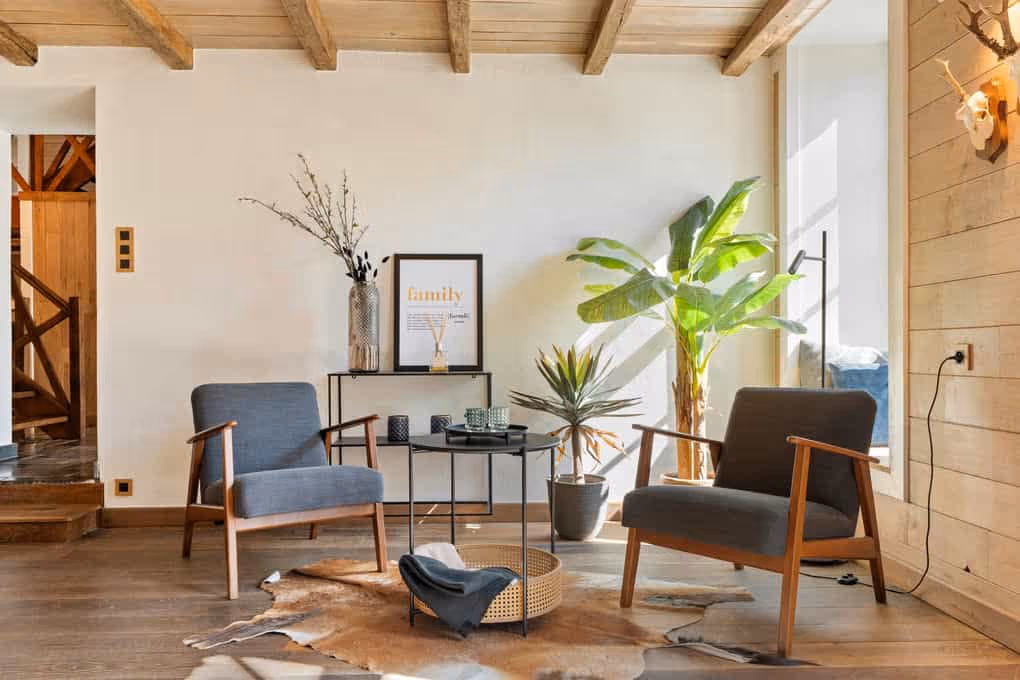 Sfeervolle interieurfotografie van een gezellige zithoek met planten, houten plafond en decoratieve elementen.