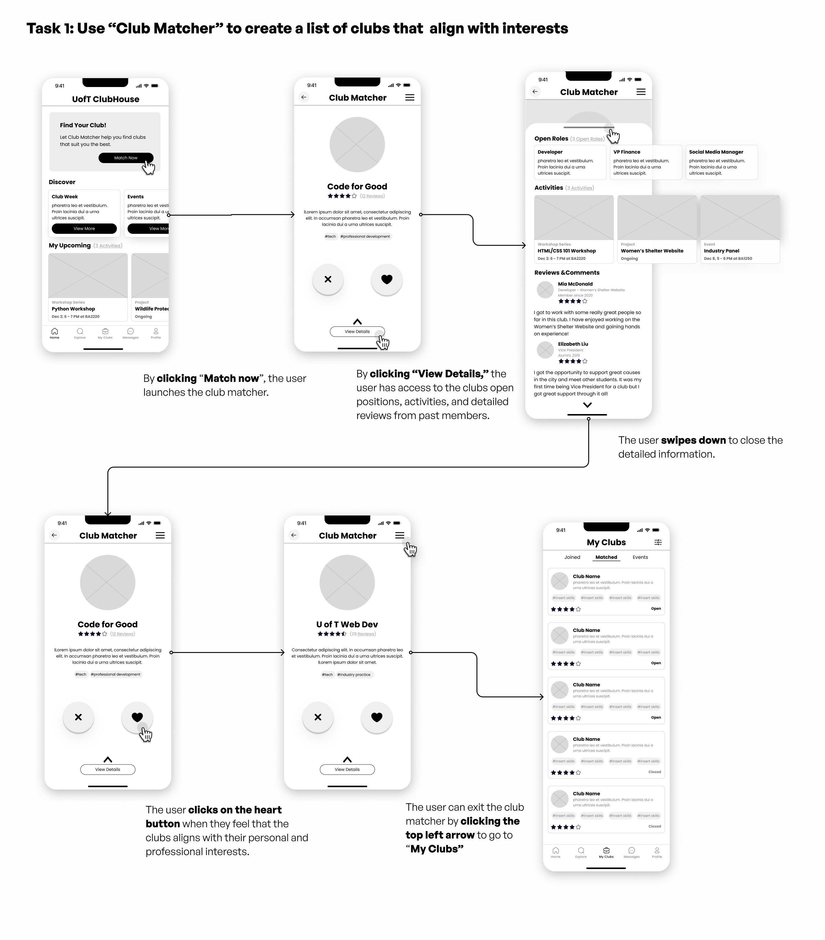 Mid fi storyboard of using the club matcher
