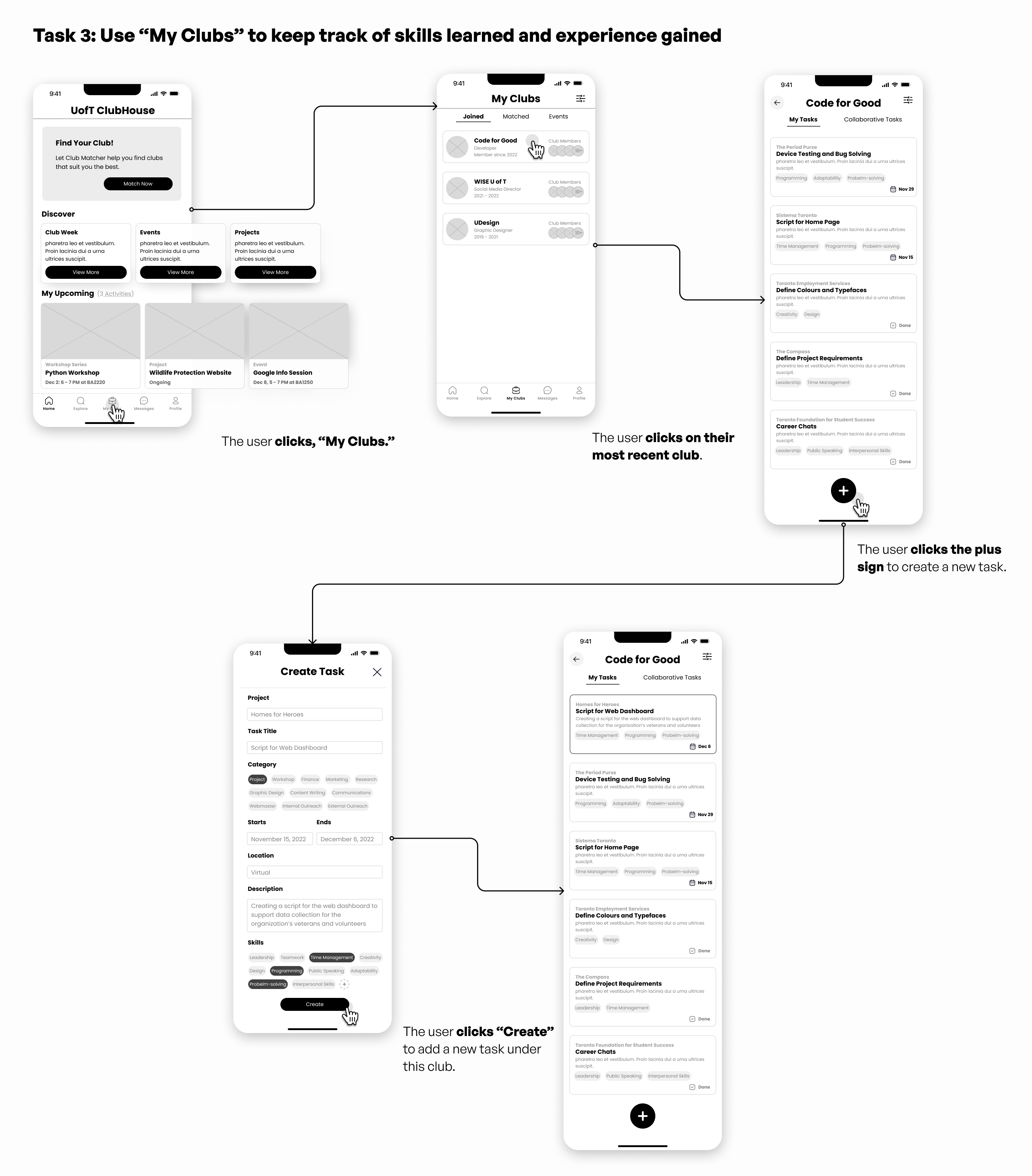 Mid fi storyboard of users using the my clubs feature to keep track of skills learns and experience gained 