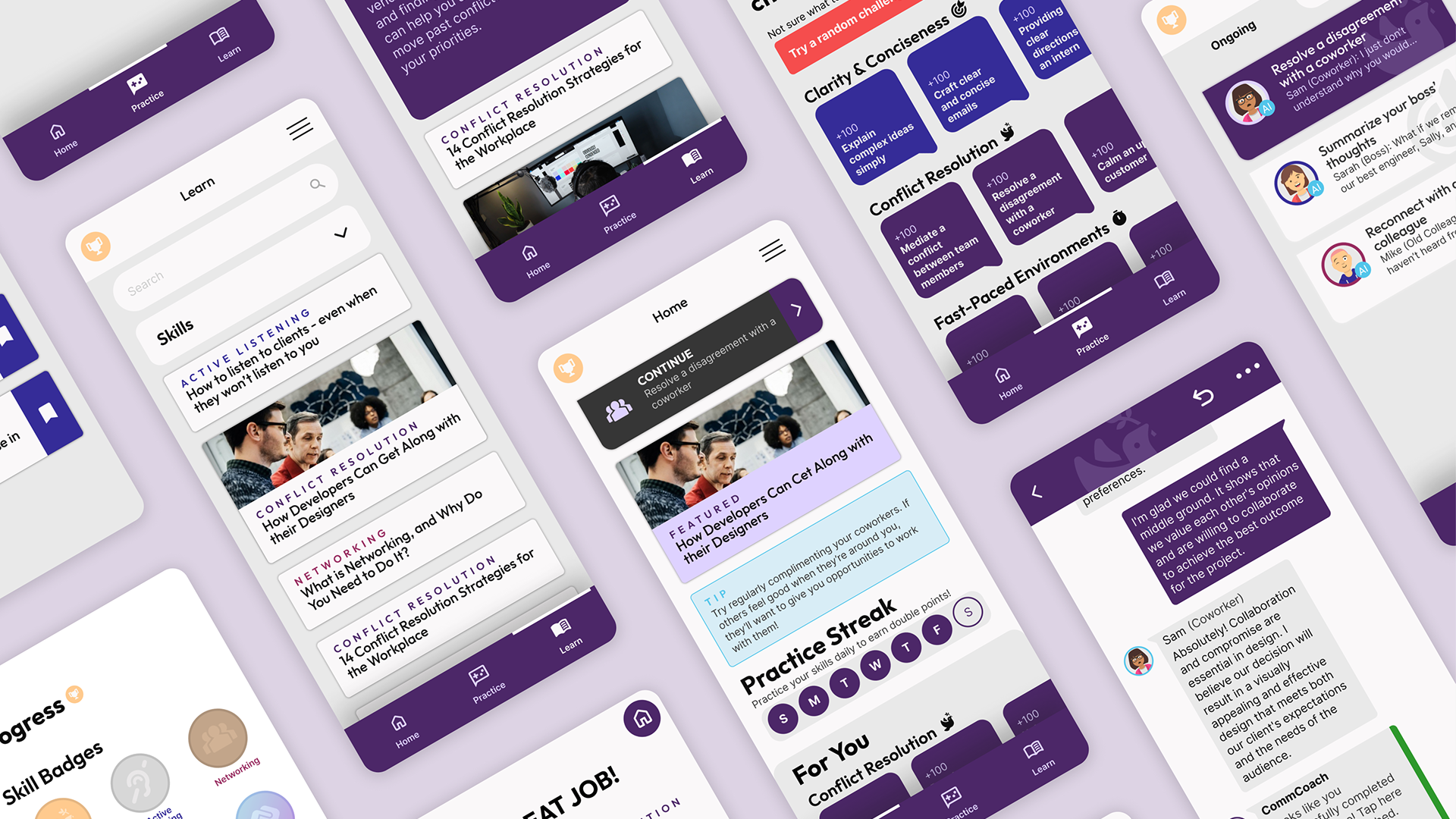 A mockup of screens from the CommCoach app concept.