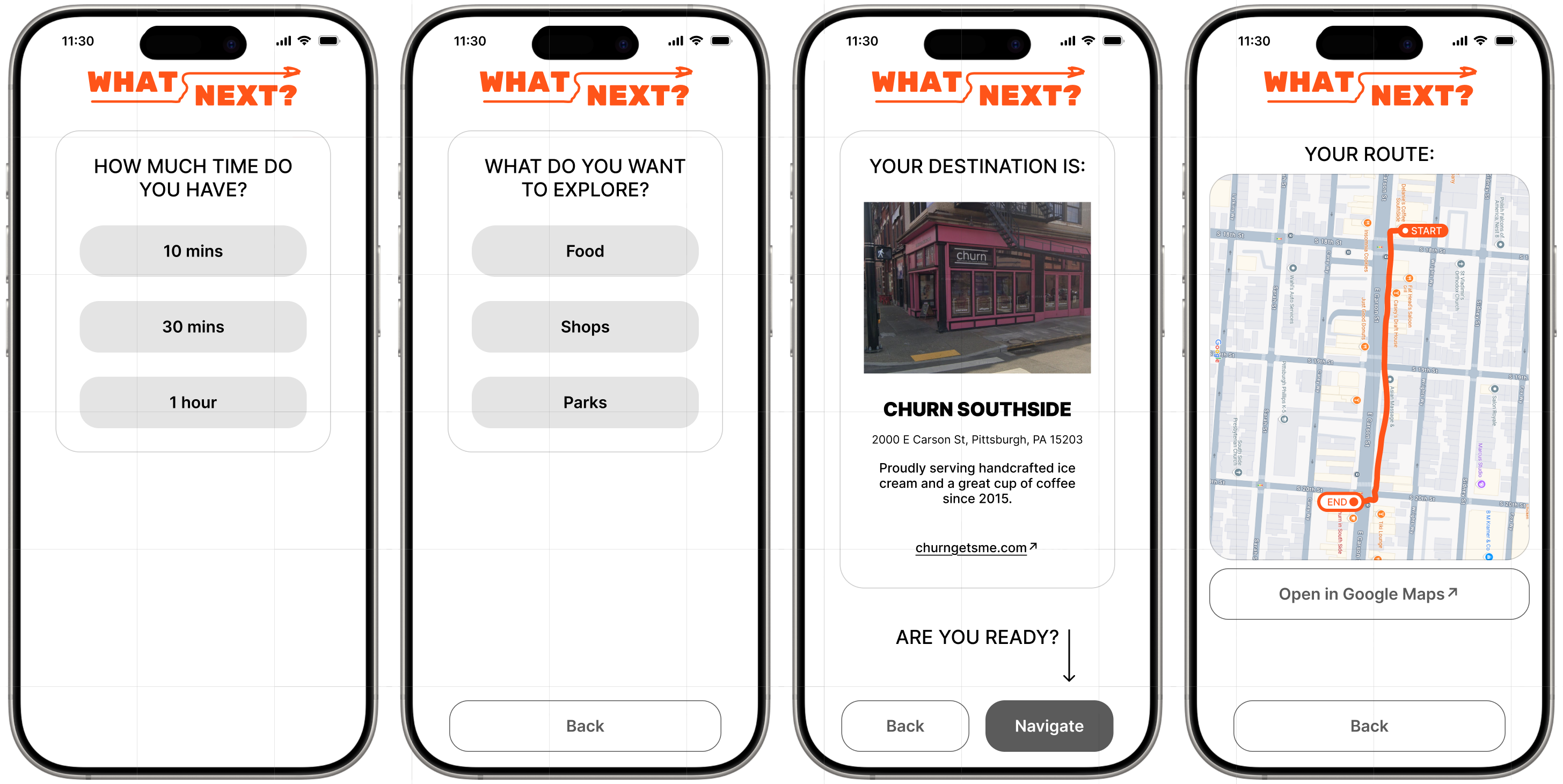 What'sNext mid-fidelity app screens