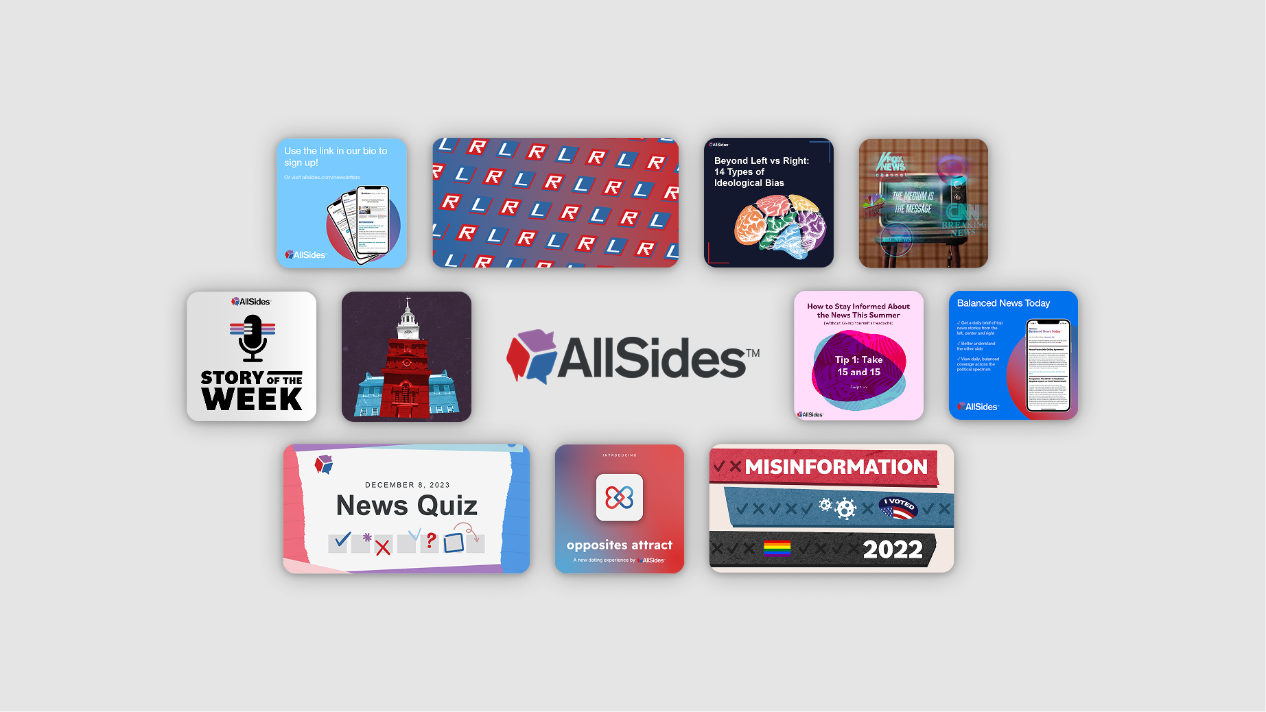 A group of graphic illustrations, ads, and social media posts for AllSides