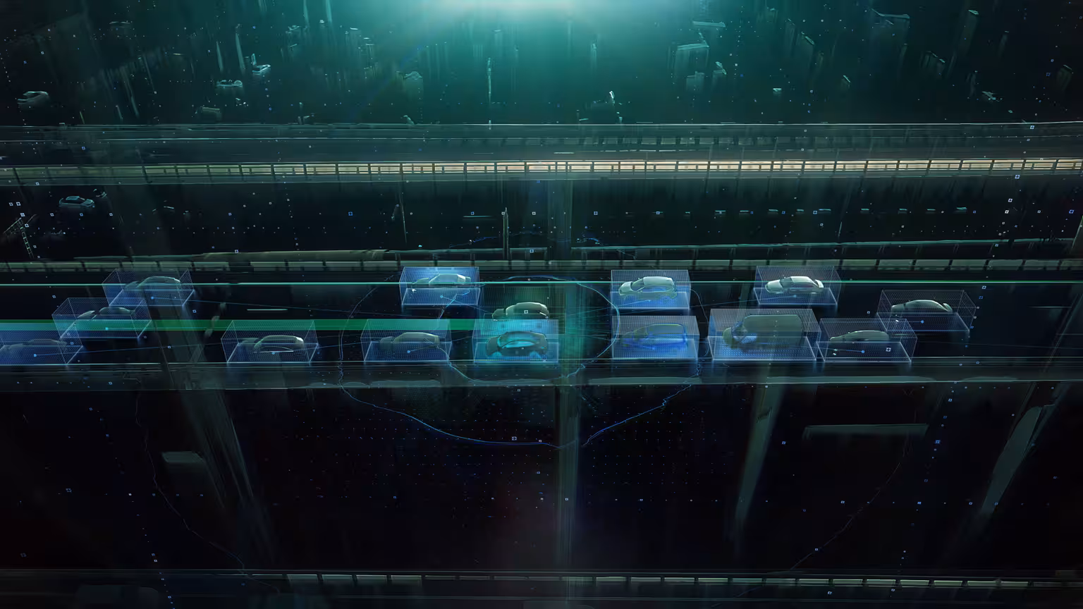 Futuristic transportation system with transparent vehicles on multilevel track