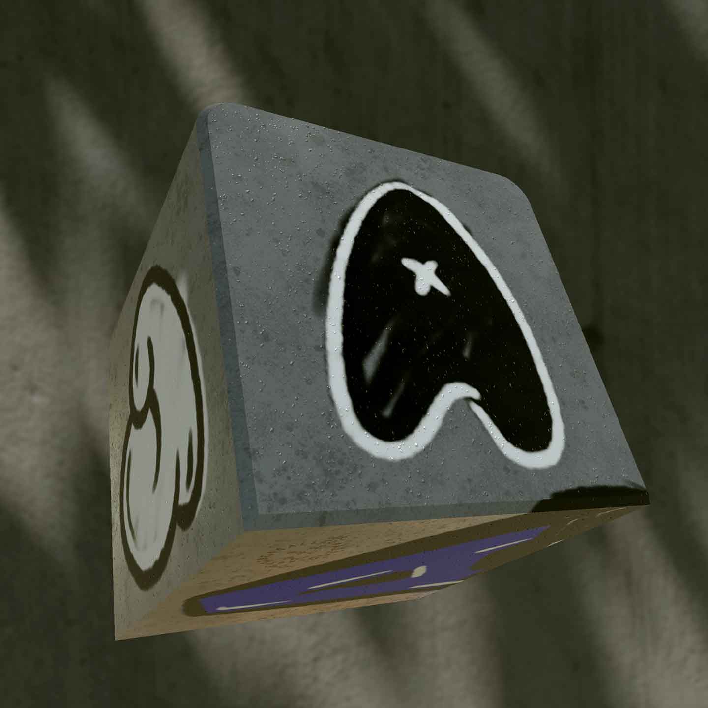 Floating "A" concrete block created by Brennan Gilbert, with a blurred background and graffiti spray painted on the block