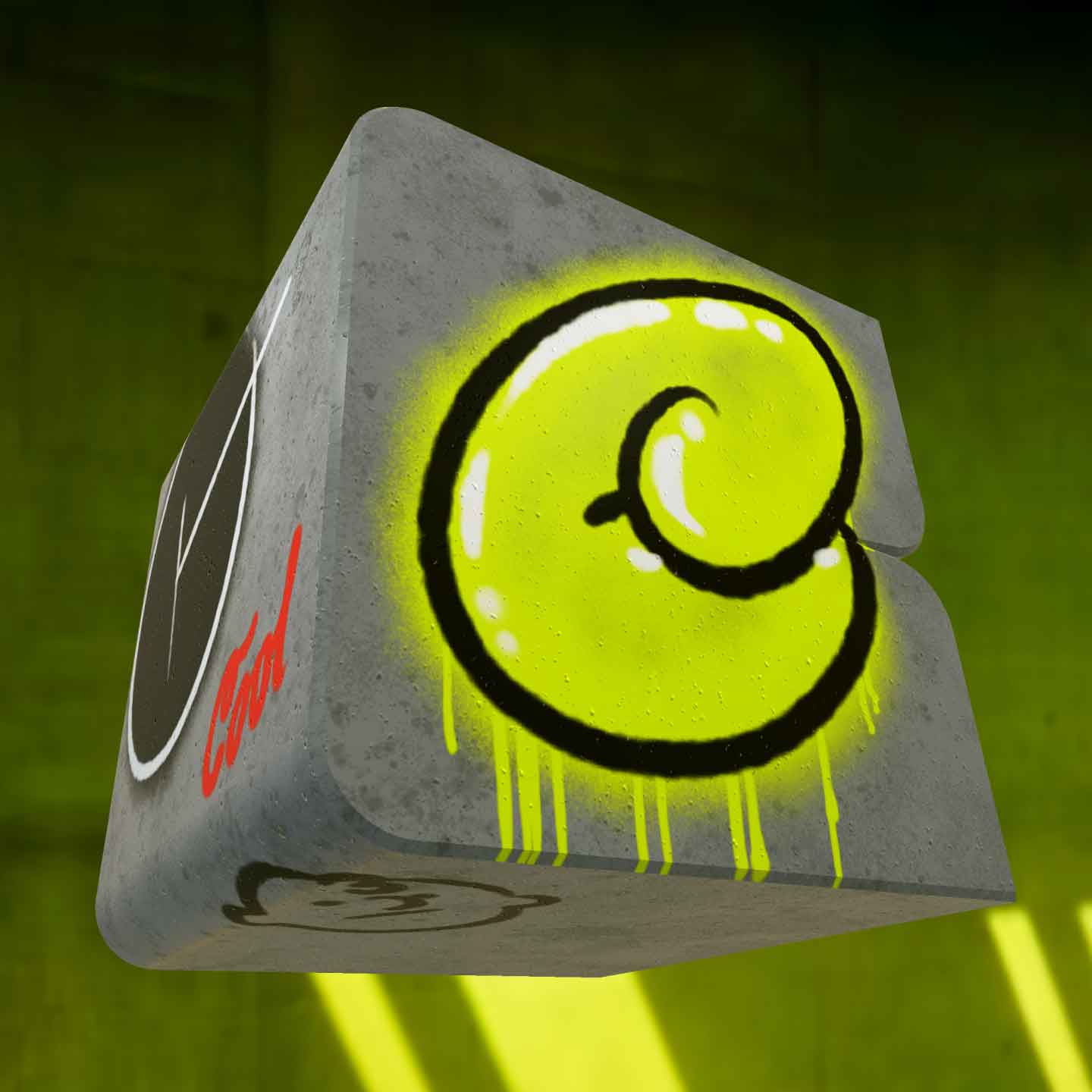 Letter C concrete block floating in mid air, created by Brennan Gilbert for 36 days of type 10 in 2023 - letter "C" is spray painted on the front of the block