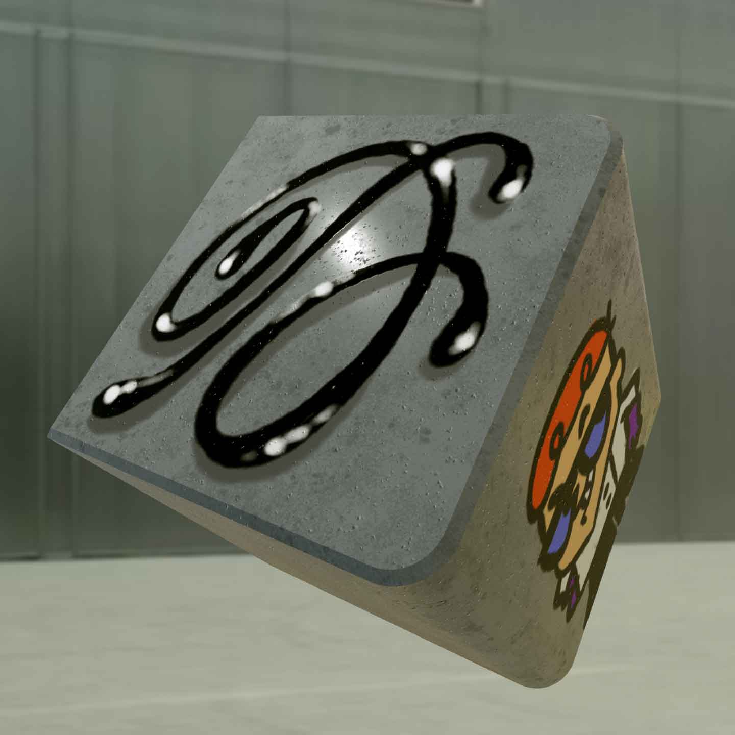 A floating concrete block shaped like the capital letter "D" with a cursive letter D spray painted on the front-left side and Dexter from Dexter's Lab spray painted on the right side