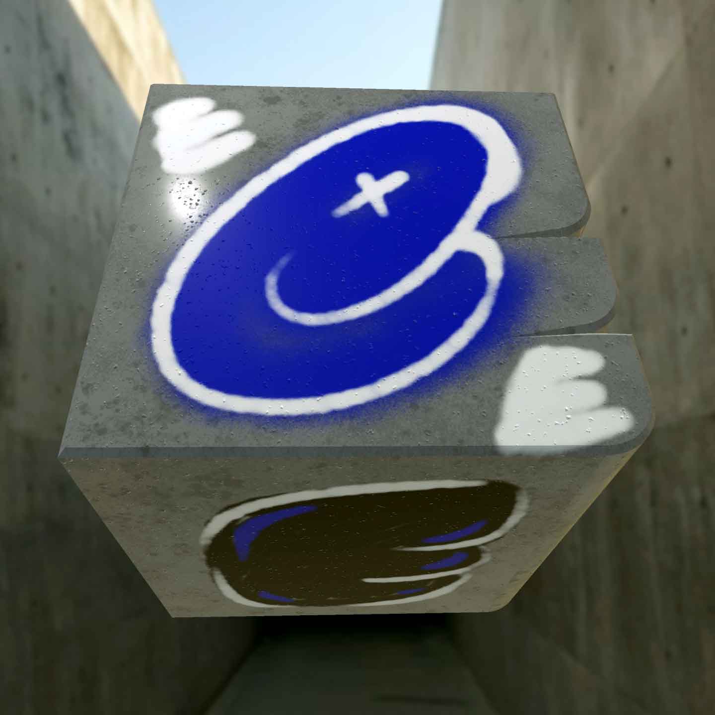 Floating concrete block in the same of an E, with different versions of a letter "e" spraypainted on different surfaces of the block