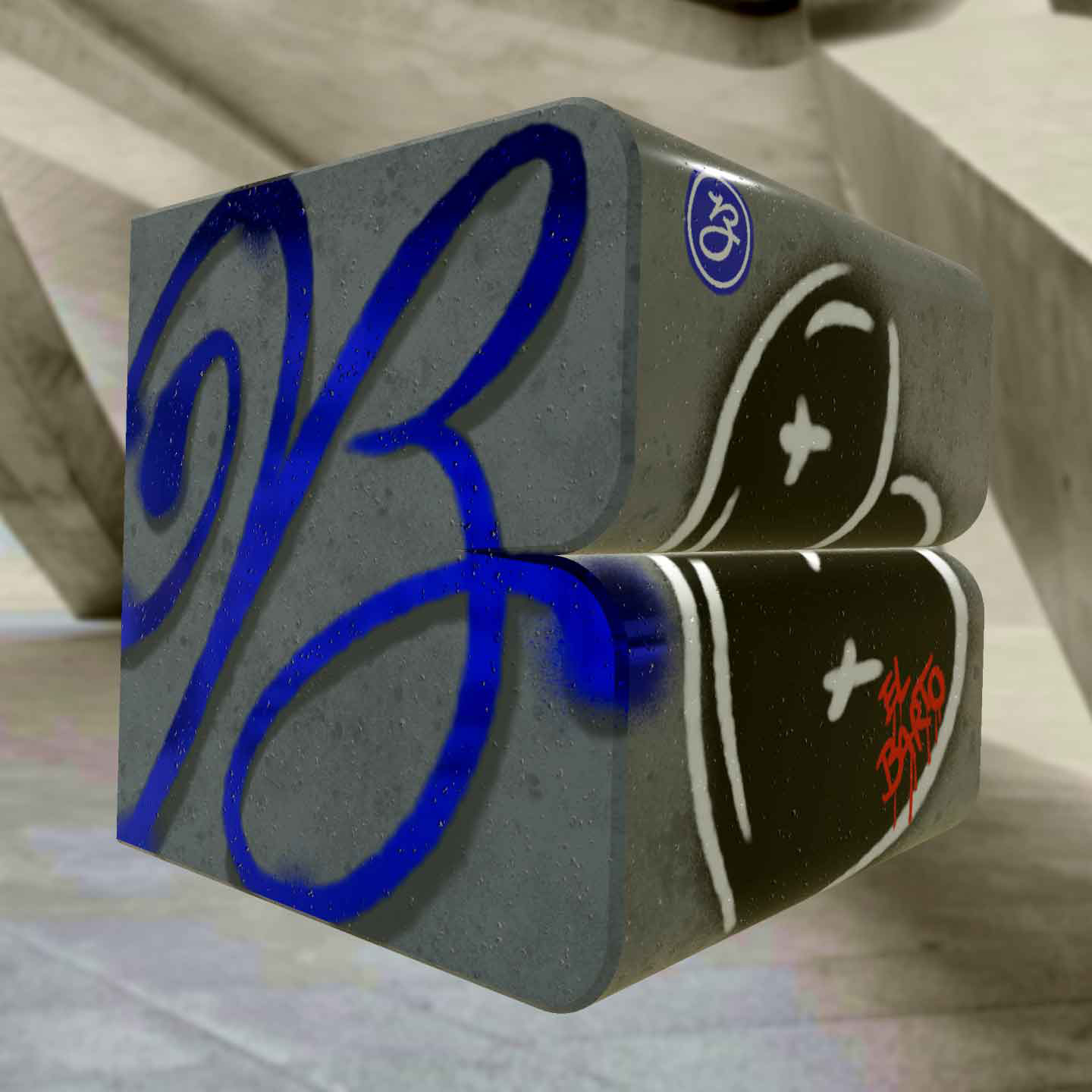 Floating concrete block shaped like the letter "B" created by Brennan Gilbert, with spray paint on 2 sides of the block showing different versions of the letter B