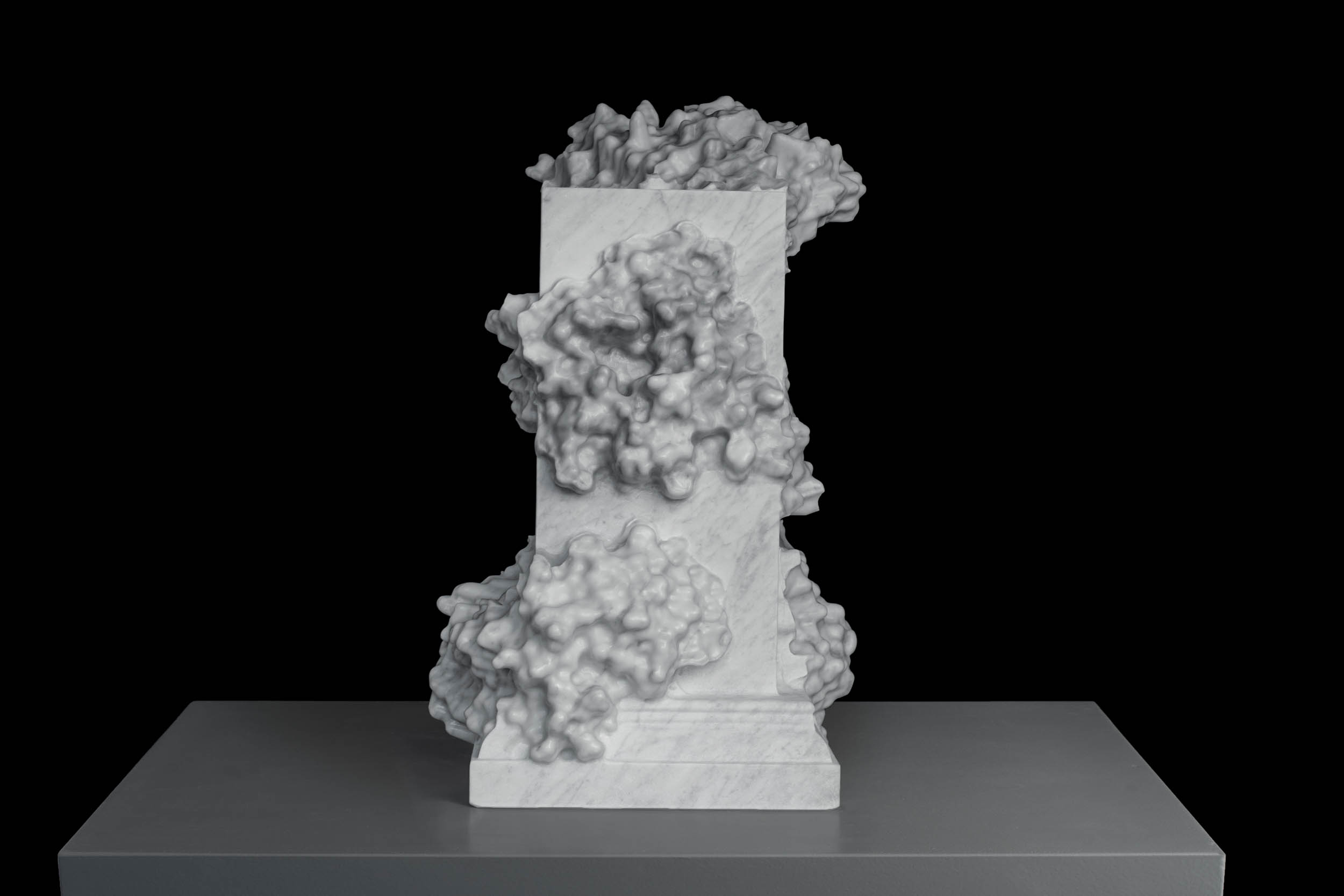marble sculpture with fungal protein molecular forms created with robotic milling and hand finishing