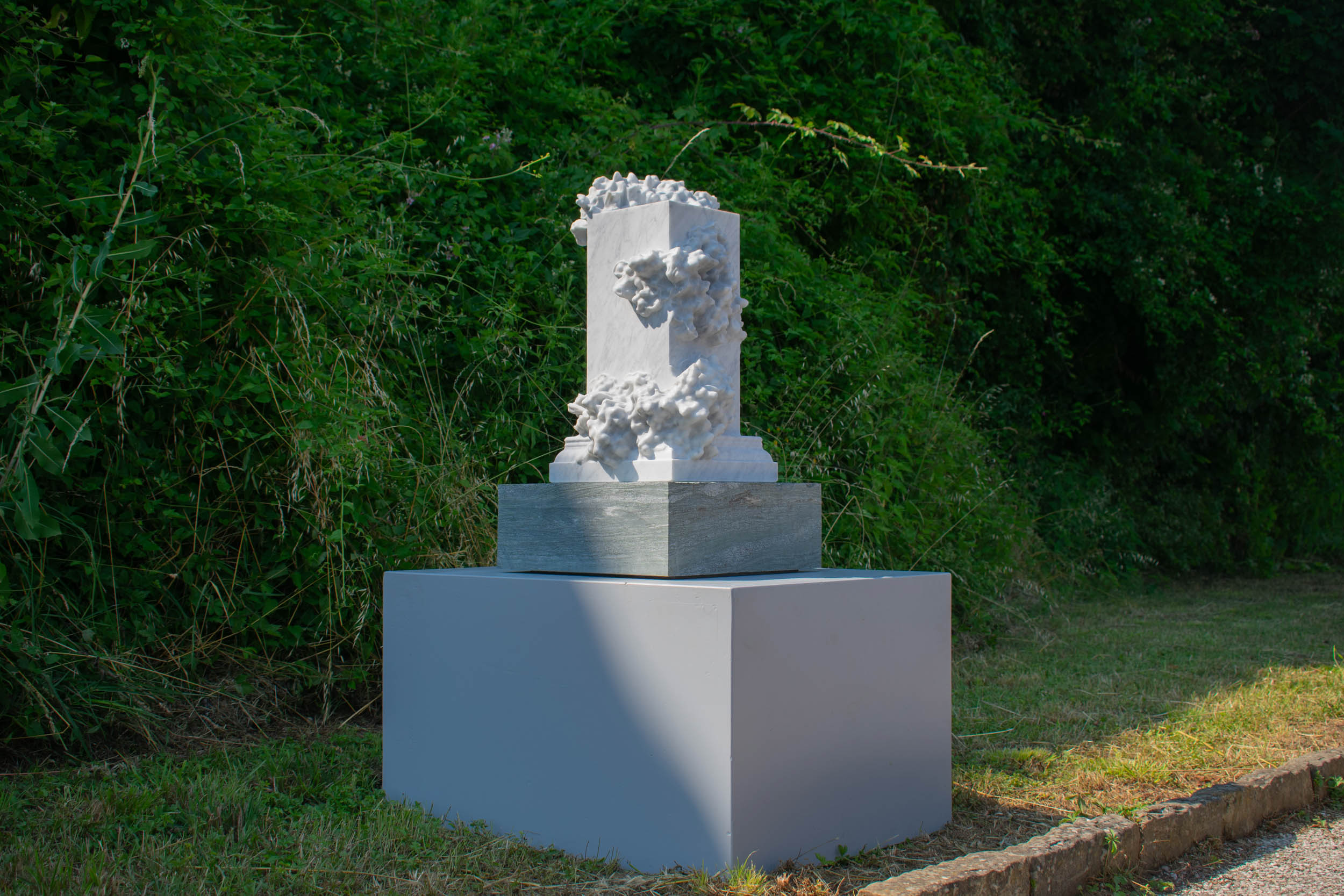 installation view of "The Foragers", 2026, robotically carved Bianco Carcaraia marble sculpture with hand-finishing, approx. 66 H x 31 W x 31 D cm