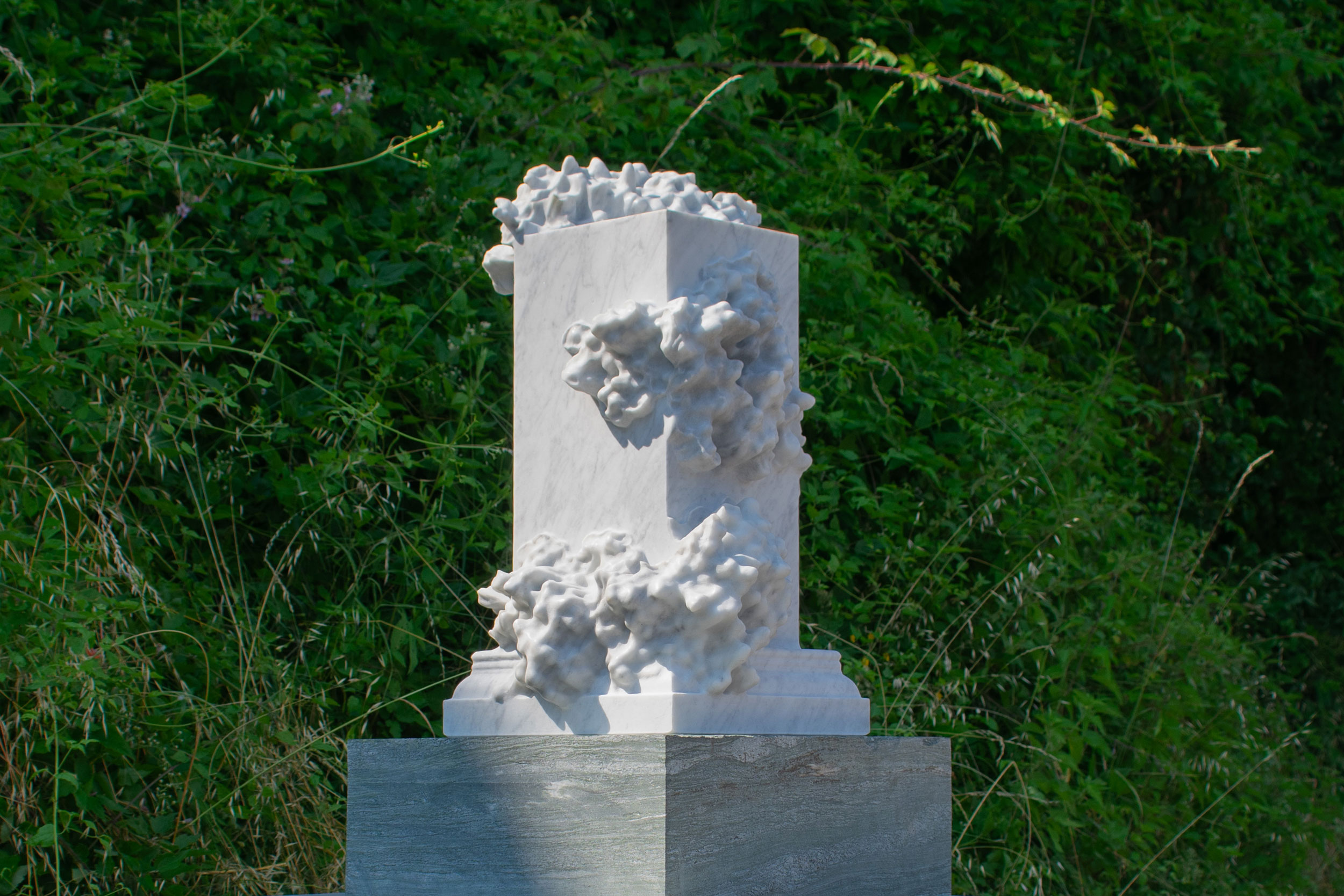 installation view of "The Foragers", 2026, robotically carved Bianco Carcaraia marble sculpture with hand-finishing, approx. 66 H x 31 W x 31 D cm