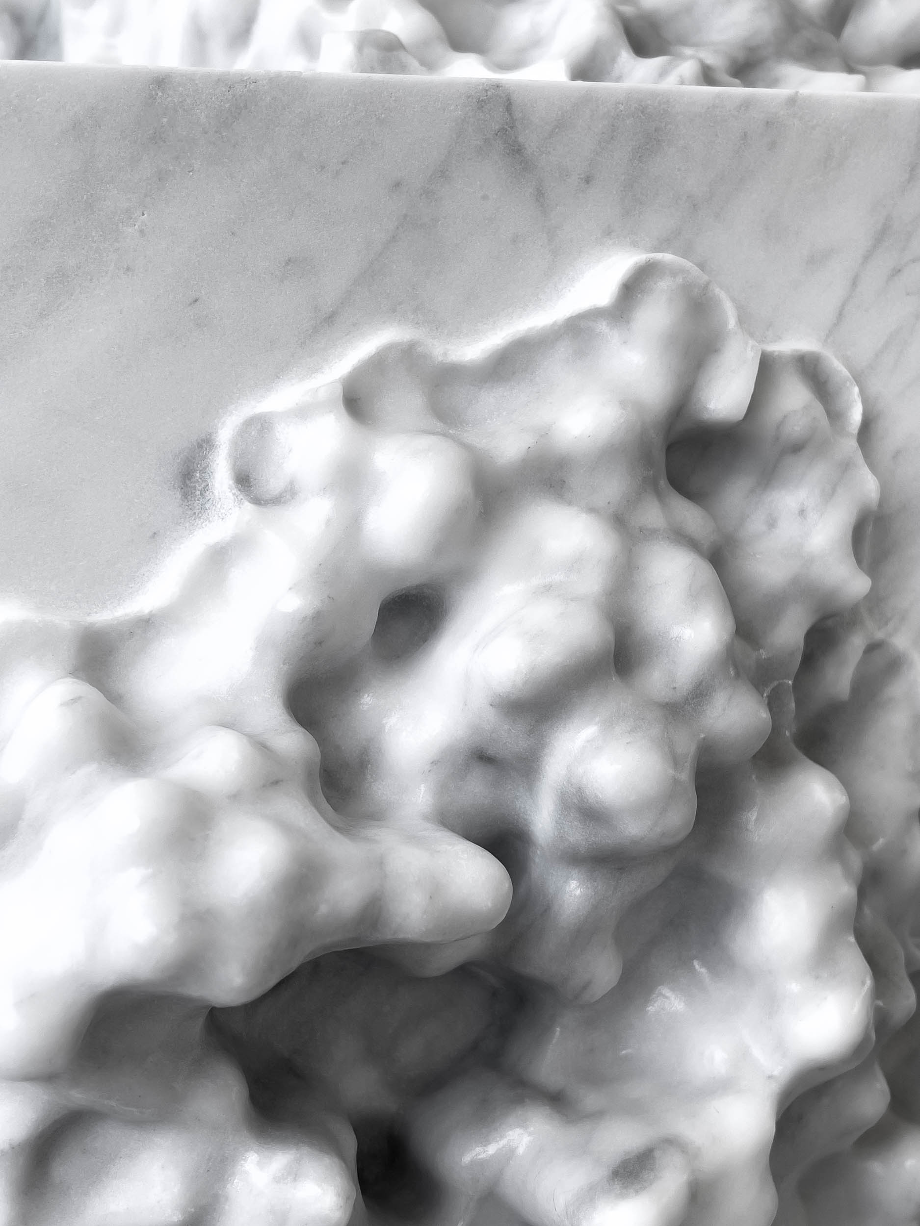 detail of "The Foragers", 2026, robotically carved Bianco Carcaraia marble sculpture with hand-finishing, approx. 66 H x 31 W x 31 D cm