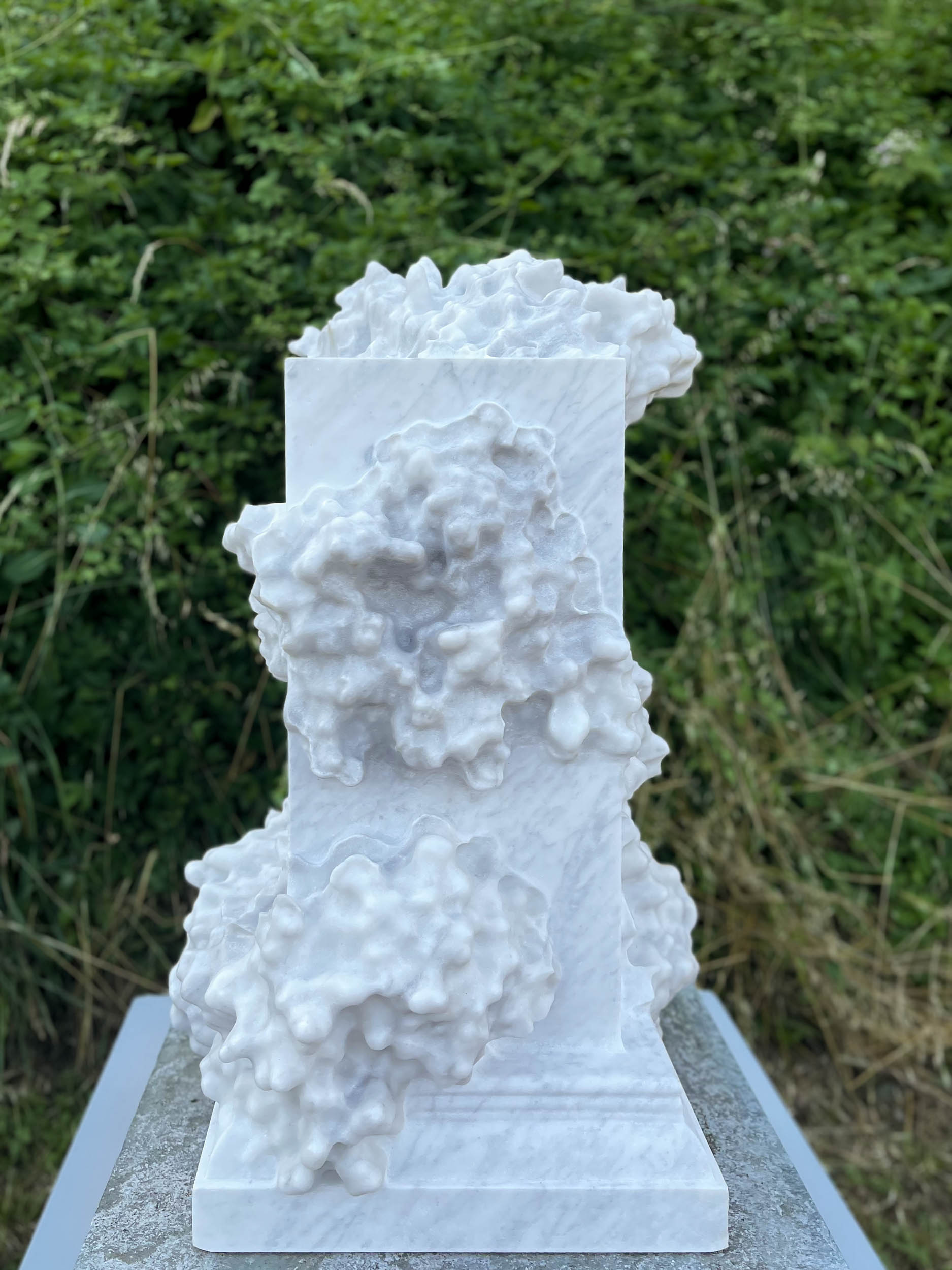 "The Foragers", 2026, robotically carved Bianco Carcaraia marble sculpture with hand-finishing, approx. 66 H x 31 W x 31 D cm
