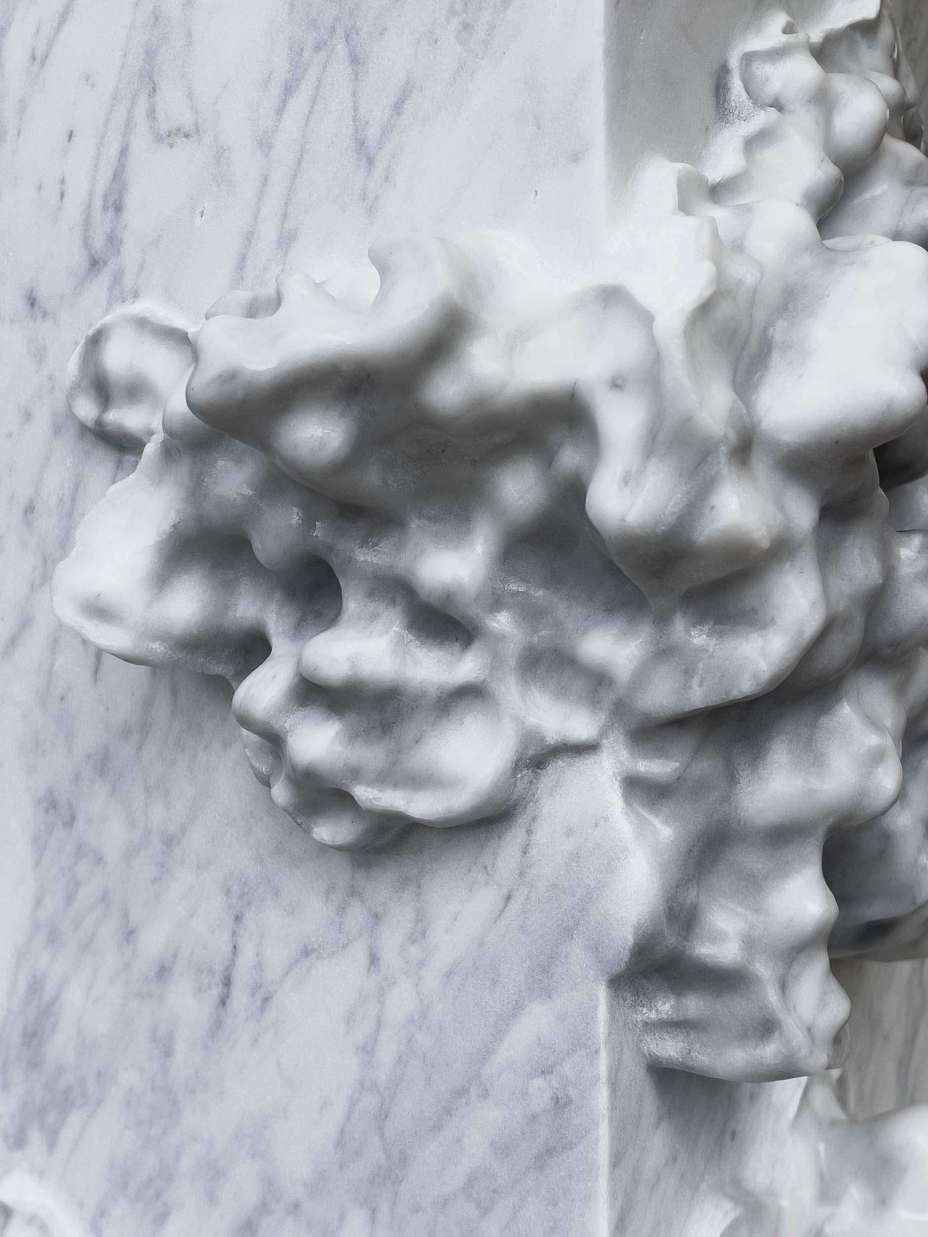 detail of "The Foragers", 2026, robotically carved Bianco Carcaraia marble sculpture with hand-finishing, approx. 66 H x 31 W x 31 D cm