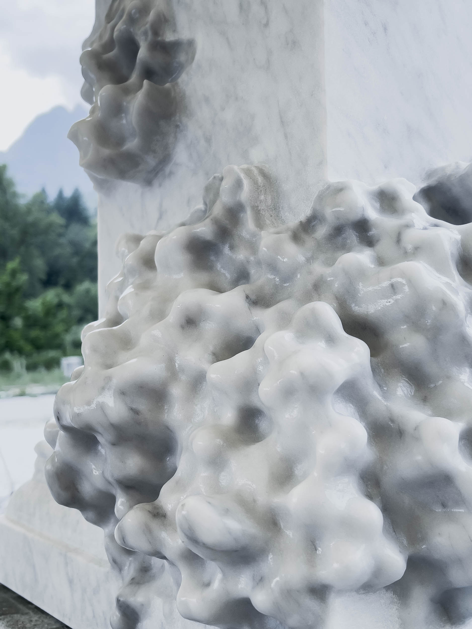 detail of "The Foragers", 2026, robotically carved Bianco Carcaraia marble sculpture with hand-finishing, approx. 66 H x 31 W x 31 D cm