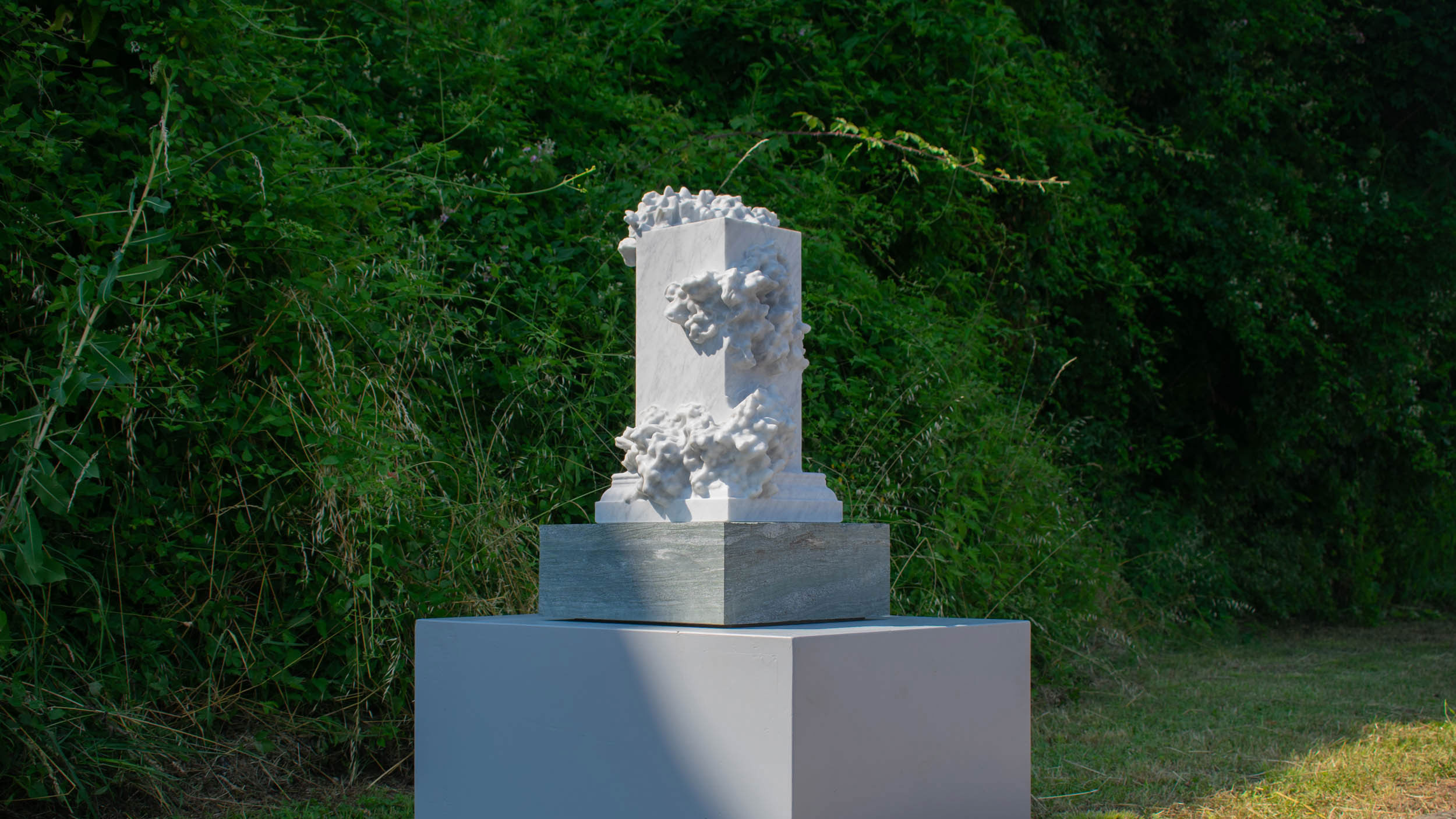 robotically carved marble sculpture exploring molecular "microdramas" among fungal worlds and built environments