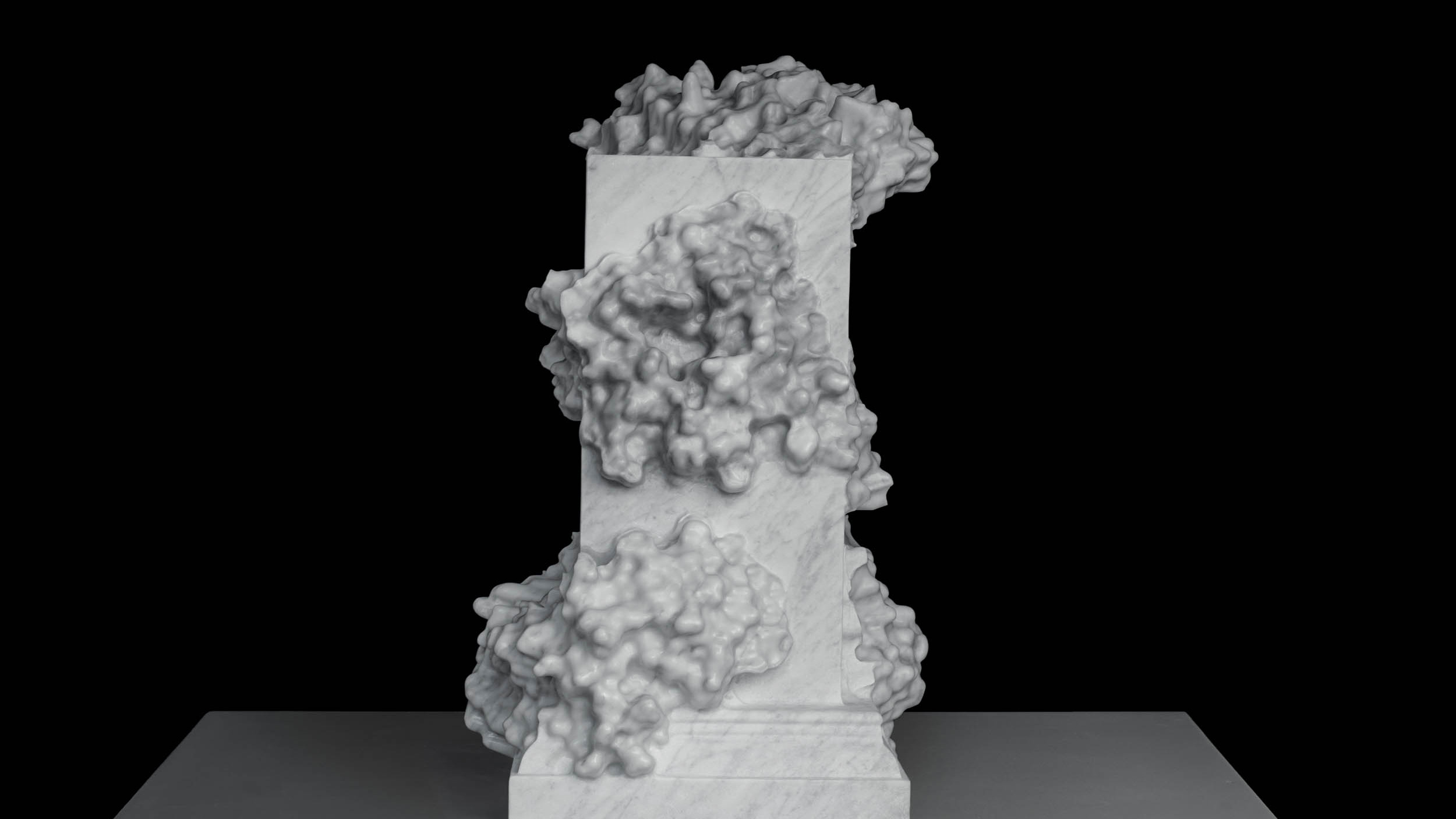 robotically carved and hand-finished marble sculpture with molecular forms exploring interconnectedness at micro and macro scales